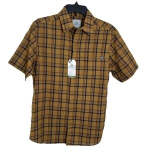 Ascend‎ Fireside Button Down Short Sleeve Shirt Bistre Brown Plaid Small NEW NWT